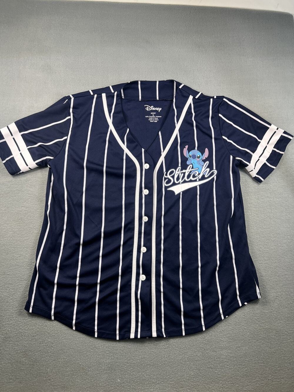 Disney Stitch Ohana Jersey Women's X-Large Navy Blue Short Sleeve Button-Up